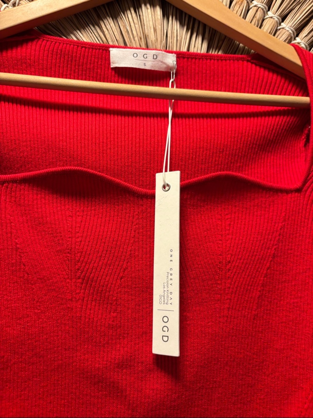 Square Neck Long Sleeve Red Ribbed Bodysuit - Picture 2 of 6